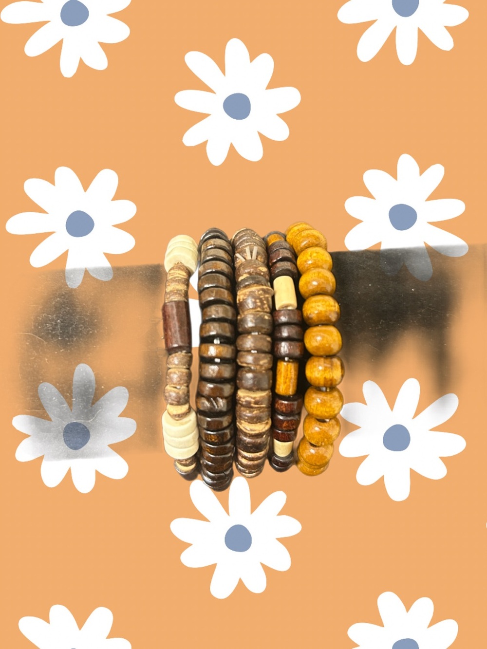Boho Wooden Stackable Beaded Bracelets - Brown & Mustard